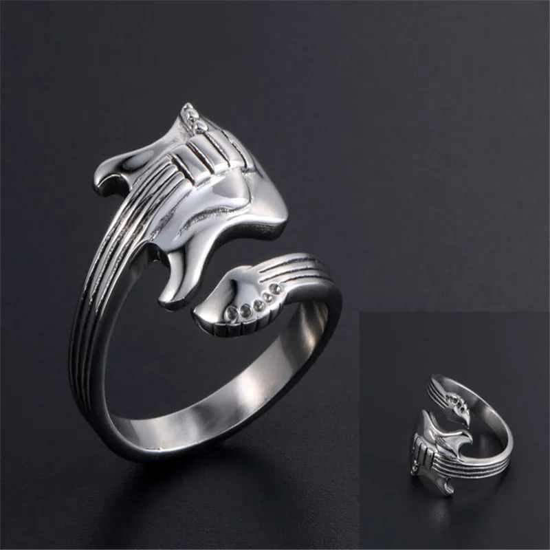 New music guitar stainless steel men\'s and women\'s rings titanium steel carved guitar punk rock classic fashion ring jewelry