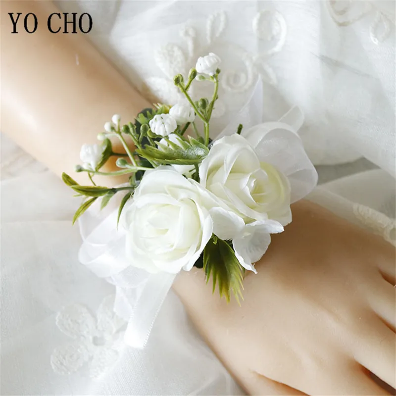 Yo cho casamento pulseira para dama de honra flor de seda pulso corsage pulseira casamento noivo boutonniere pinos homem acessórios mariage