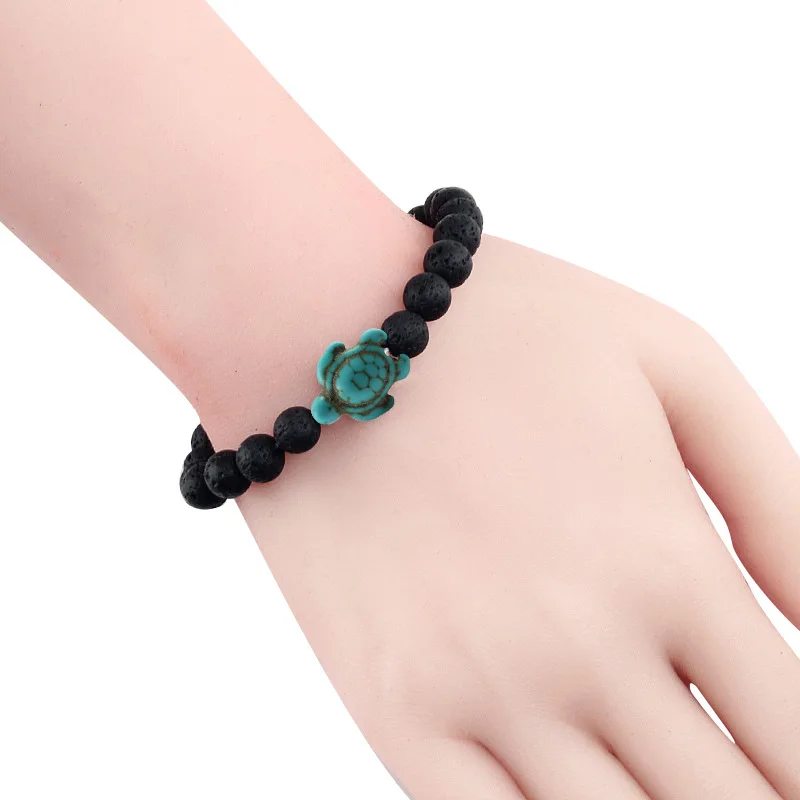Summer Beach Sea Turtle Beads Bracelet for Men Charm Black Lava Natural Stone Bracelet Hamdmade Strand Elastic Bangles Jewelry