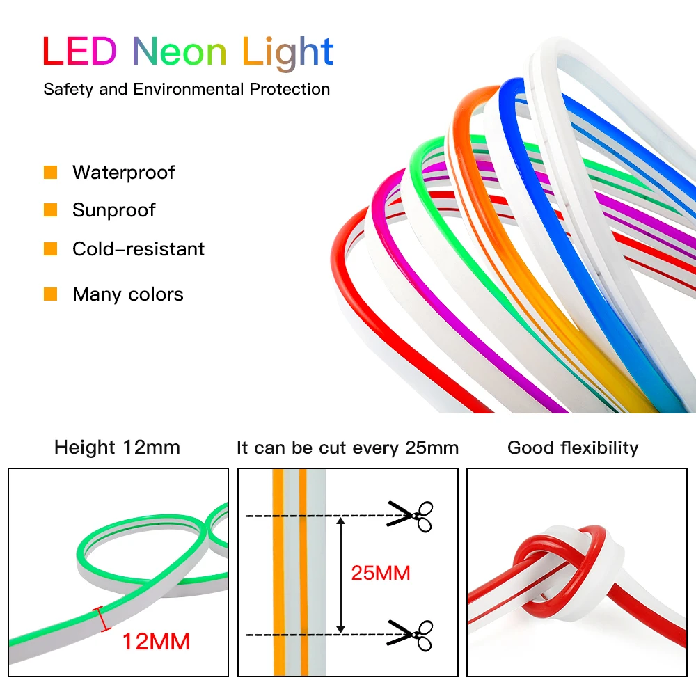 DC 5V Neon Strip With Battery Box IP65 Waterproof Red Blue Pink White Ice Blue 2835 120leds/m Flexible LED Strip Outdoor Use