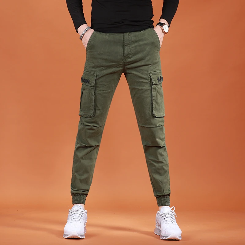 Autumn New Men Khaki Cargo Pants Fashion Casual Pocket Letter Embroidery Cotton Trousers