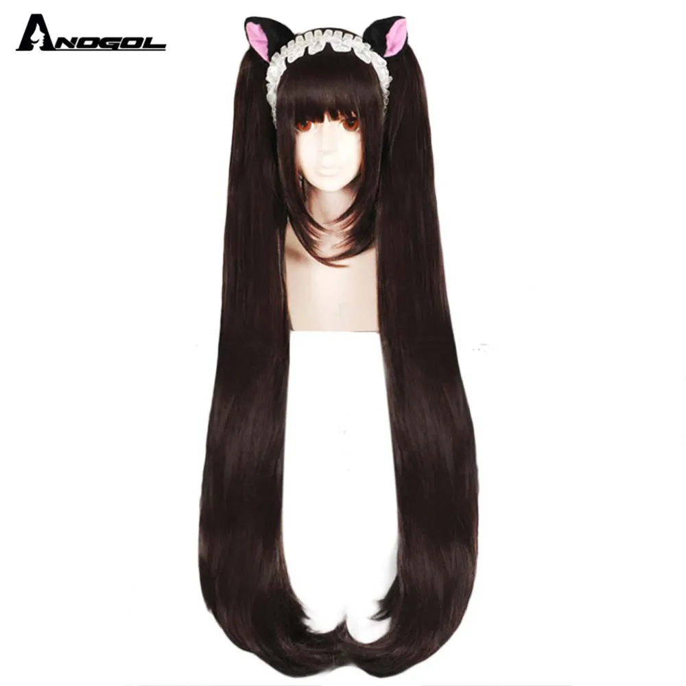 Anogol Chocola NEKOPARA Wig Chocolate Double Ponytail Long Straight Brown Pink Synthetic Cosplay Wig for Party Role Play