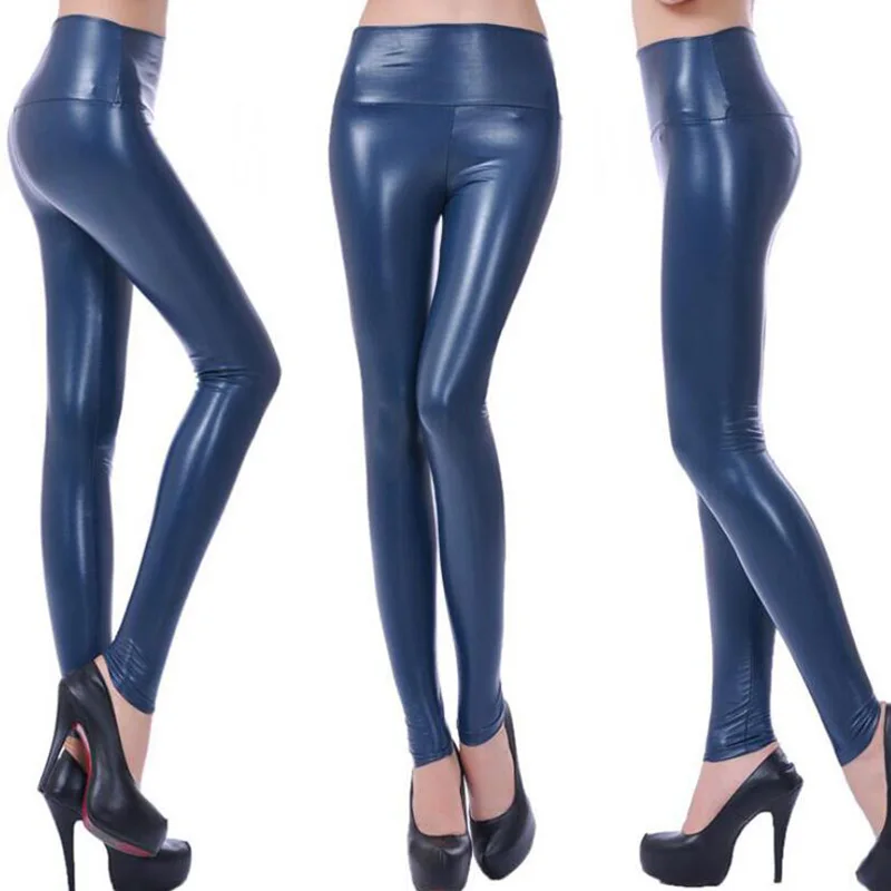 YSDNCHI Push Up Leggins pantalon en cuir PU Legging Sexy femmes Punk bleu noir rouge pantalon slim mode taille haute Stretch