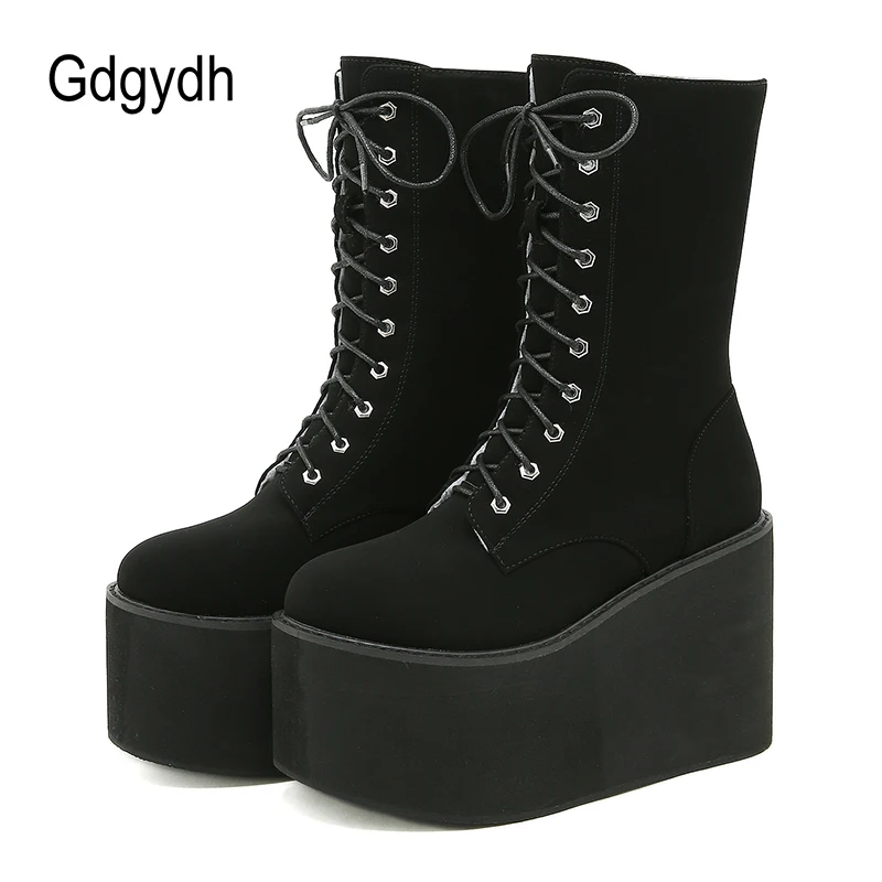 Gdgydh Japanese Harajuku Punk Shoes Winter Boots Women Waterproof Snow Thick Platform Bottom Snow Boots Fur Lace Up Top Quality