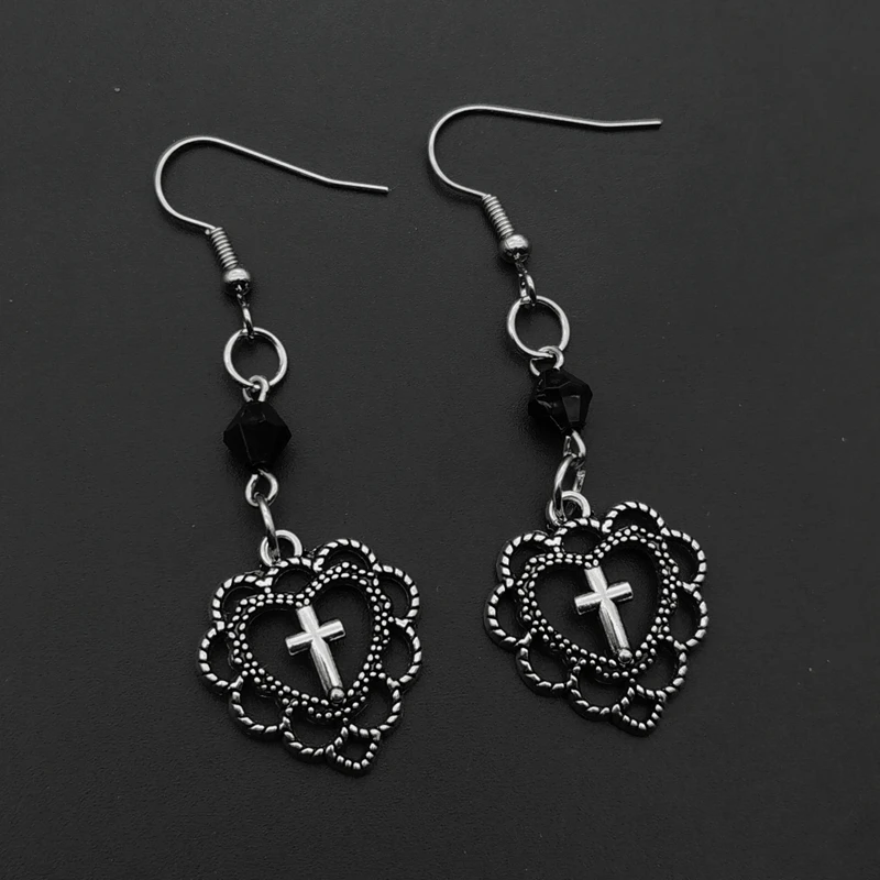 Gothic Punk Style Hollow Heart Cross Pendant Earrings Religion Dark Art Goth Jewellery Earrings for Women Rock Metal Gifts