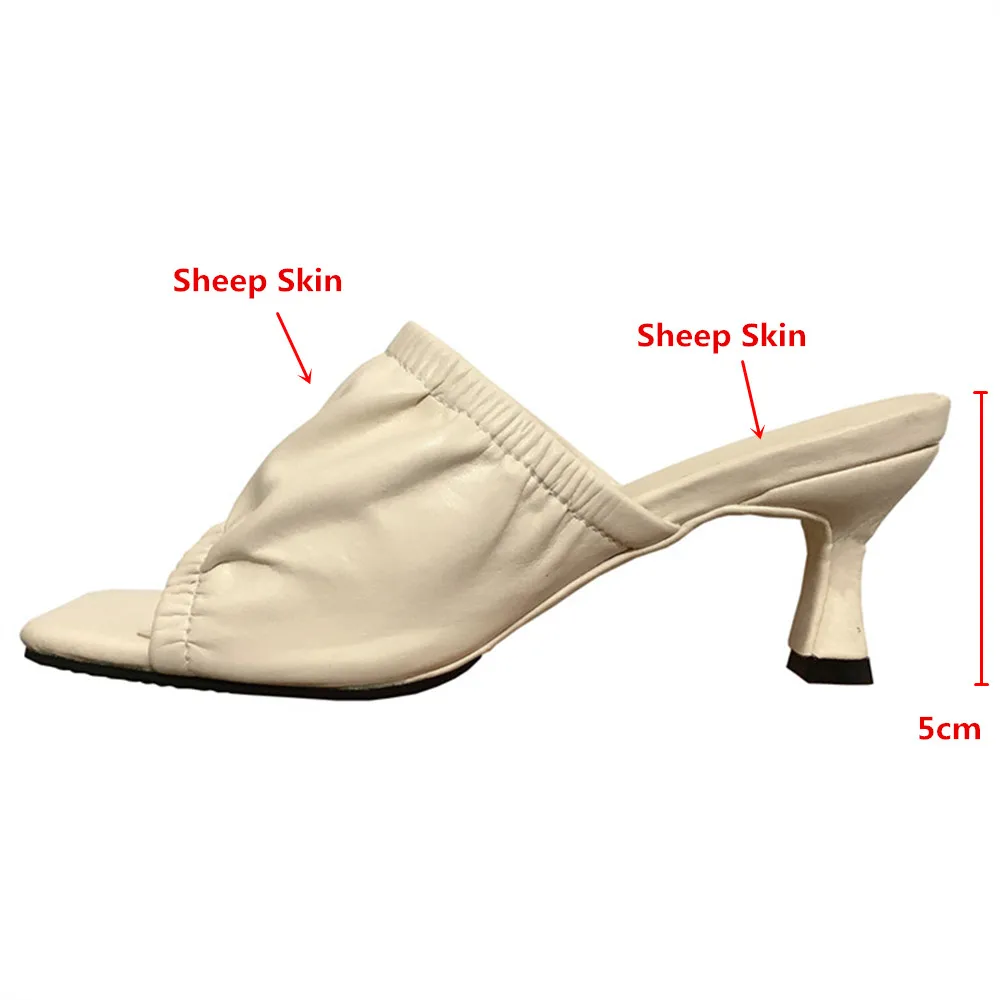 MILI-MIYA Fashion Brand Square Peep Toe Mid Heel Slippers Women Slip On Sandals Outdoor Summer Elegant Pleated Shoes Beige