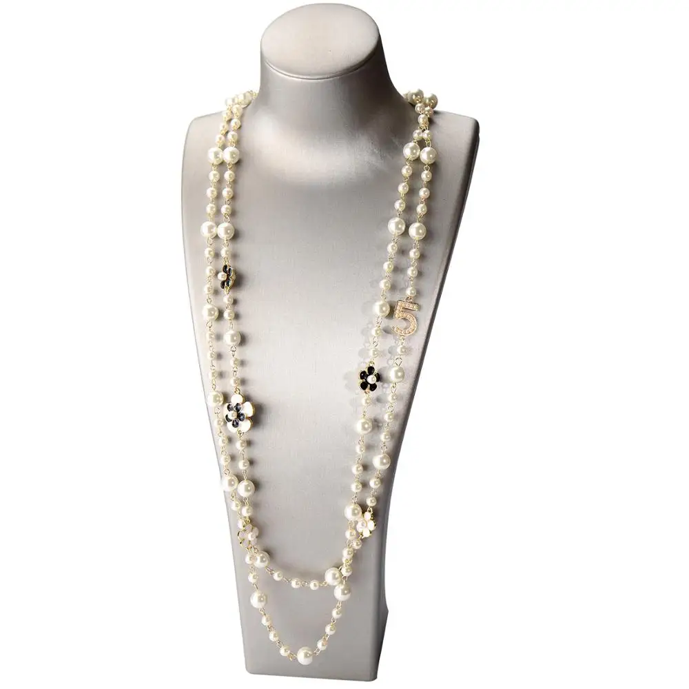 Long Simulated Pearl Necklace For Women No.5 Double Layer Pendant Long CC Necklace Sweater Chain Party Camellia Nacklace