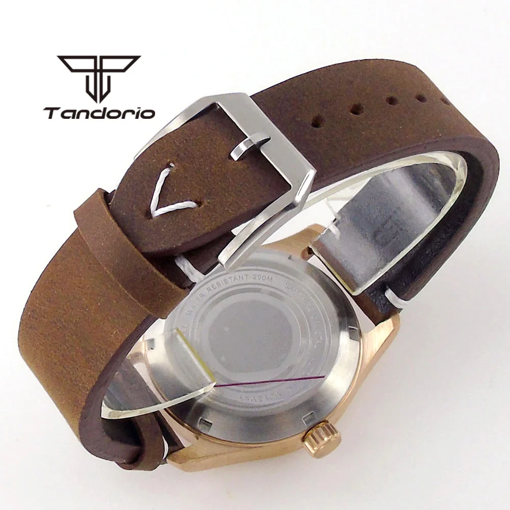 Tandorio CUSN8 Solid Bronze PT5000 NH35A 20ATM Automatic Diver Men\'s Watch Sapphire Glass Lume Dial Arabic Marks Leather Strap