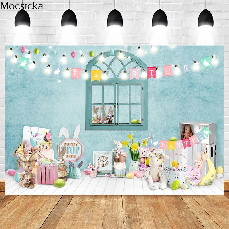 Mocsicka Easter Photography Background Light Bulb Bunny Window Decoration Studio Props Child Portrait Photo Backdrop Banner