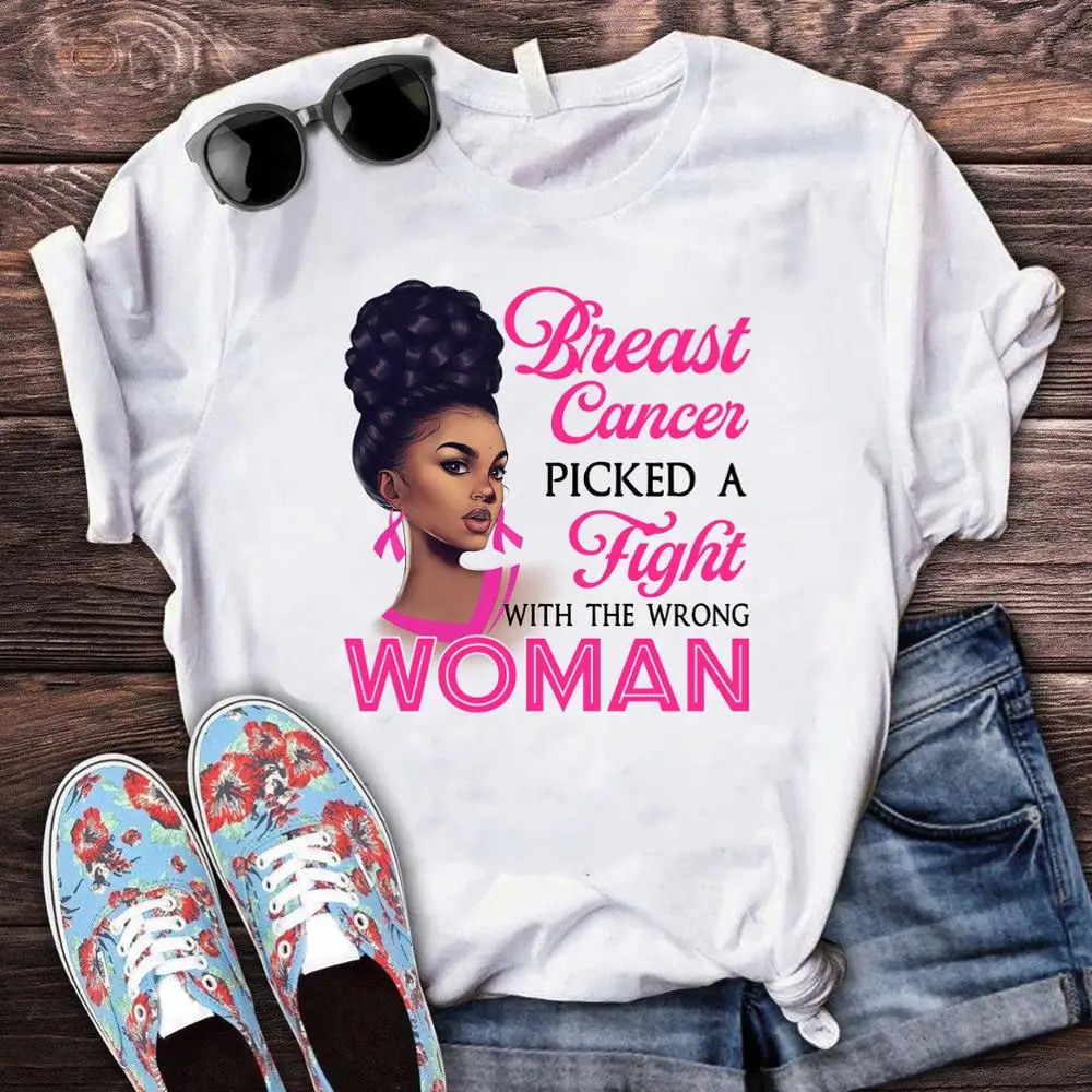 

Fight Breast Cancer Black Queen Girl Print Magic T-Shirt Women Fashion Dope Educated Melanin Shirt Summer Top Female Clothes