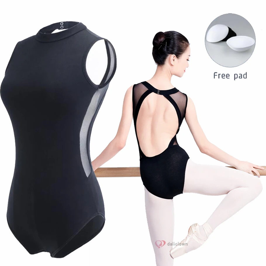 Ballet Dance Leotards Women Gymnastics Dancing Costume Adult Sexy Black Mesh Open Back High Neck Ballet Leotard