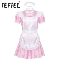 Mens Male Adults Sissy Maid Cosplay Costume Puff Sleeve Front Button Down Dress with Apron and Headband for Role Play Halloween