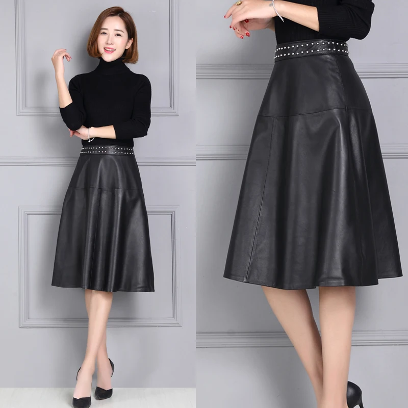 Top brand Rivet Women Sheepskin Genuine Leather Skirt K115  high quality