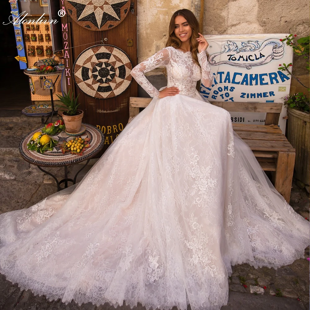 Alonlivn Elegant Appliques Lace Bride Dresses Floor-Length Full Sleeves Backless Wedding Gowns