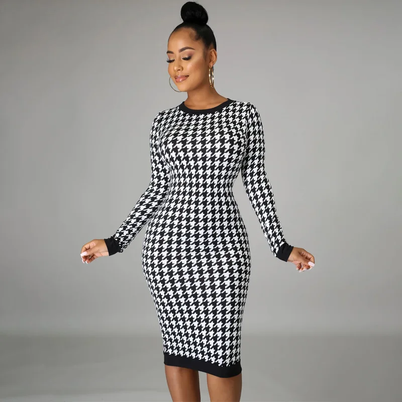 Houndstooth Print Women Long Sleeve Midi Dress Hollow Out Bodycon Sexy Streetwear 2024 Autumn Winter Club Elegant Slim