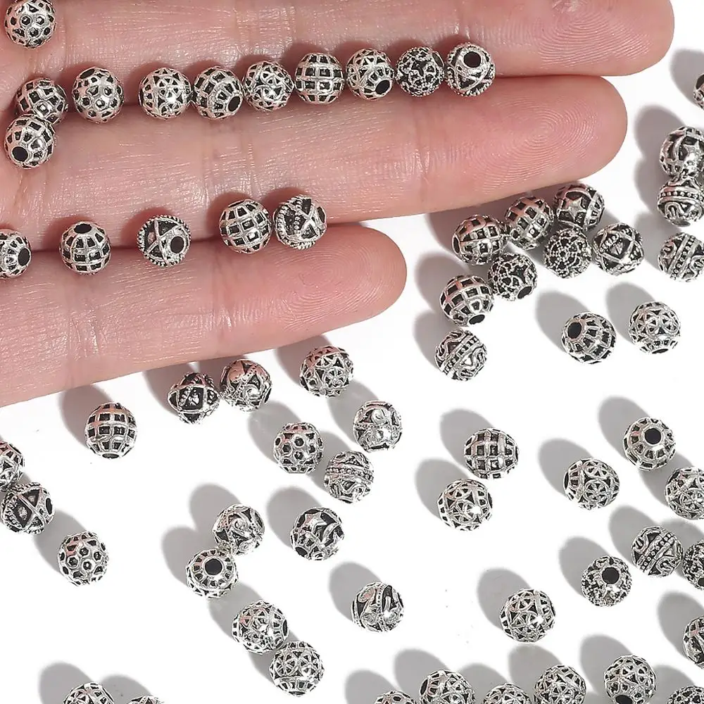 20pcs 6mm Tibetan Antique Silver Plated Metal Spacer Beads Hollow Loose Beads For Jewelry Making DIY Bracelet Nekclace