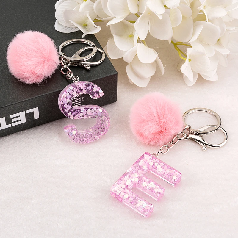 1PC אישה Keyring ורוד צבע אנגלית מכתב שרף Keychain עם המשאף כדור 26 מילות Z תיק קסמי