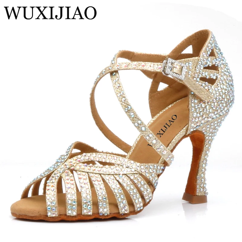 WUXIJIAO Latin dans ayakkabıları kadın yüksek topuklu siyah gümüş altın glitter altın kumaş rahat salsa ayakkabı salsa parti ayakkabıları