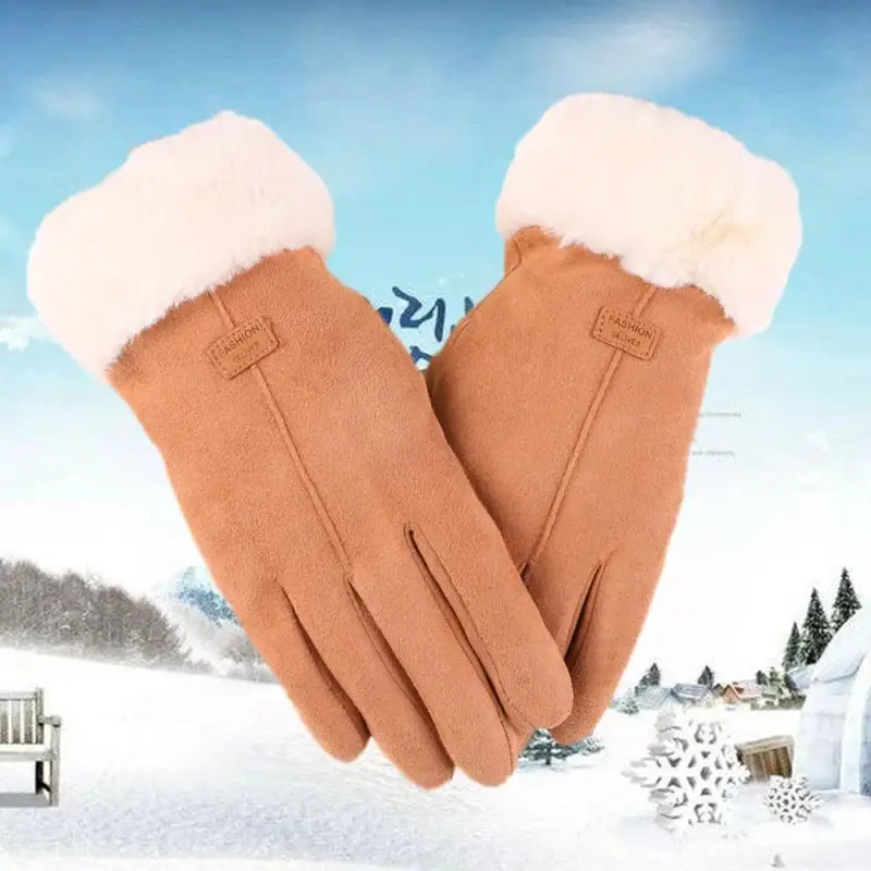 Winter Suede Gloves Ladies Warm Touch Screen Gloves Imitating Rex Rabbit Fur Mouth Gloves Plus Velvet Thick Cotton Gloves