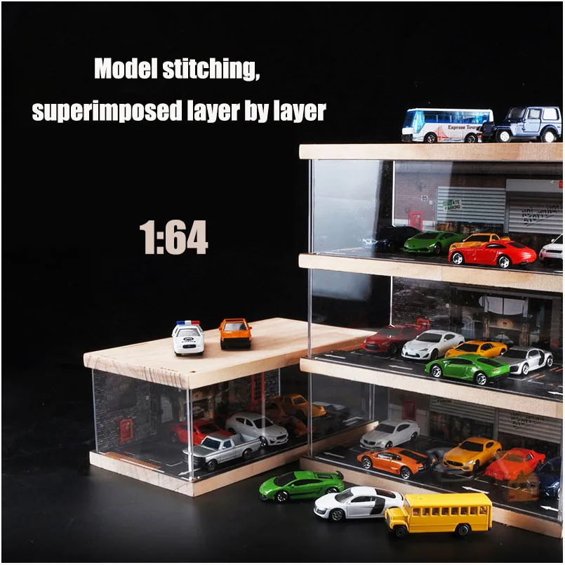 Scale 1 64 Diorama Garage Model Parking Lot Simulation HD Acrylic Wood Display Cabinet Can Be Stacked Diecast Car Hot Wheels Toy