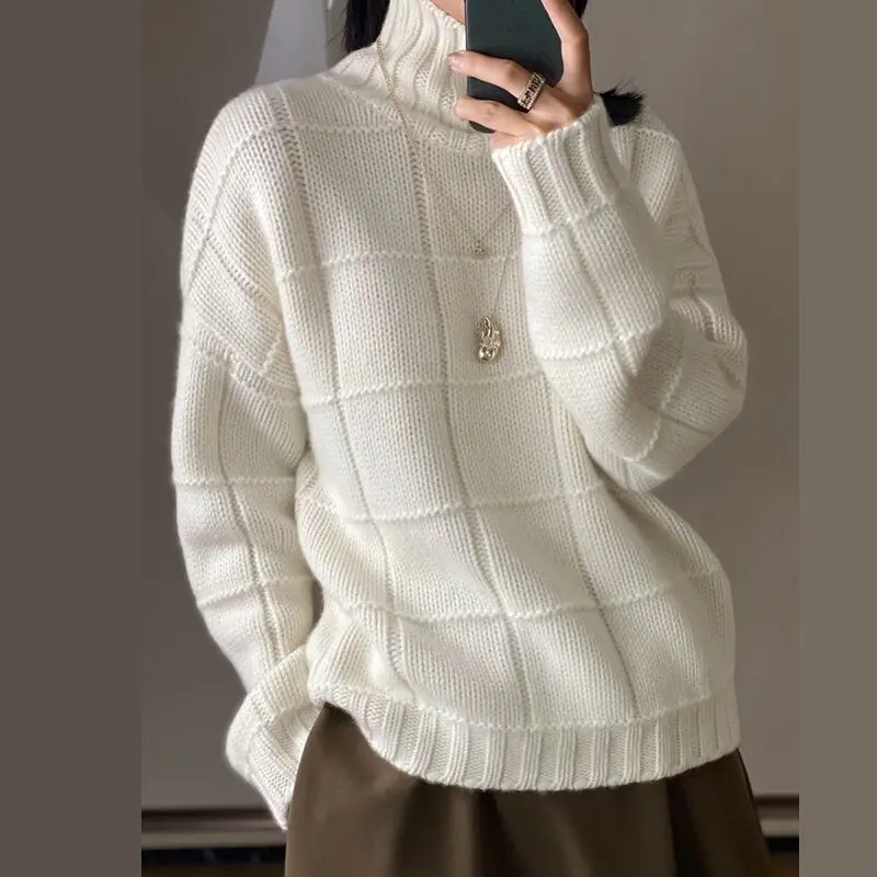 High-neck Thick Cashmere Sweater Women Loose Korean Style Lazy Autumn Winter New Wool Knitted Sweater Turtleneck Pullover Female