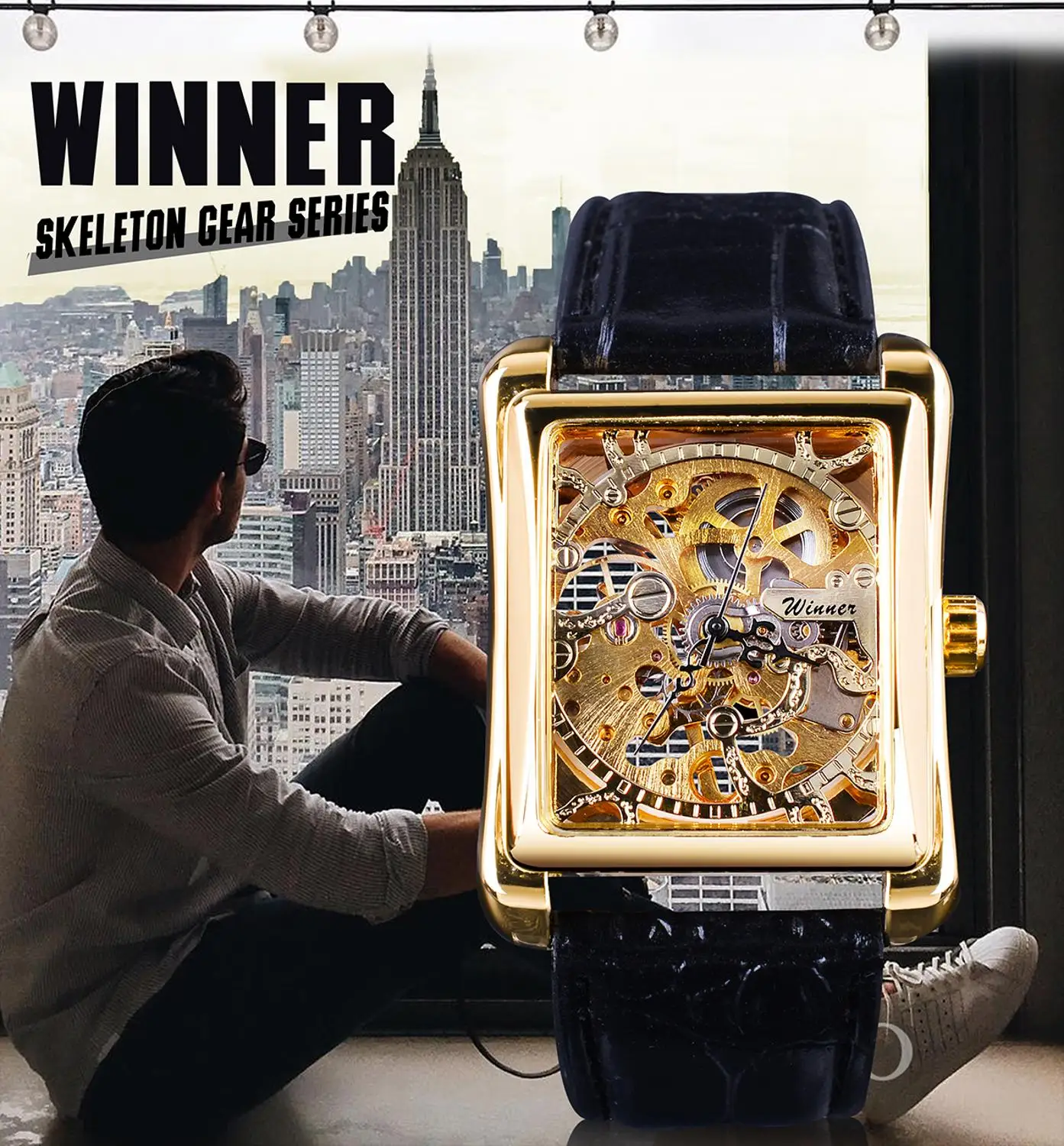 2020 Winner Top Brand Luxury Mechanical Watch Retro Casual Series Rectangle Dial Design Golden Pattern Hollow Skeleton Men Watch