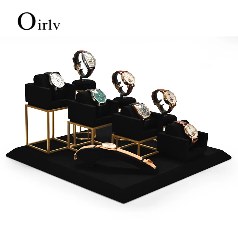 Oirlv Newly Black Metal Watch Display Props Set Watch Display Stands with Microfiber Jewelry Organizer Stands for Shop Cabinet