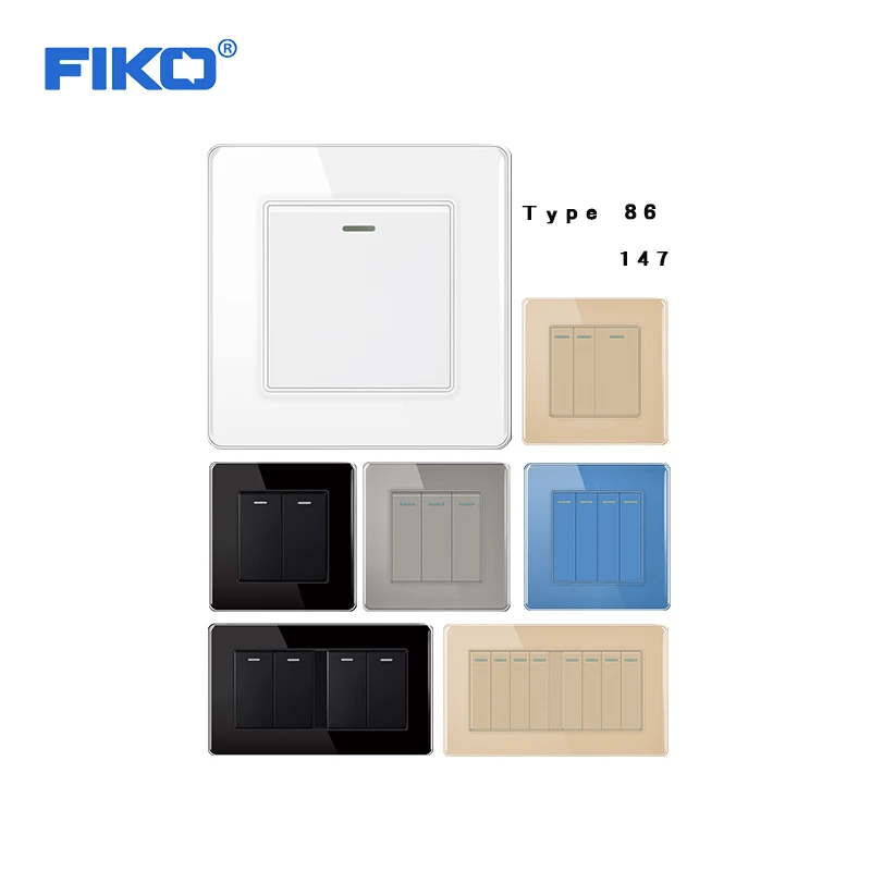 FIKO 86 type toughened glass lamp switch, one position switch, single control, double control, multi control switch panel