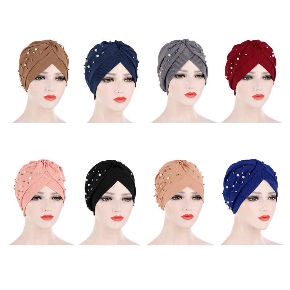 

2024 New Women Ruffle Hijabs Beads Pearls Turban Caps Islamic Twist Bonnet Stretchy Beading Headscarf Warp African Indian Hat