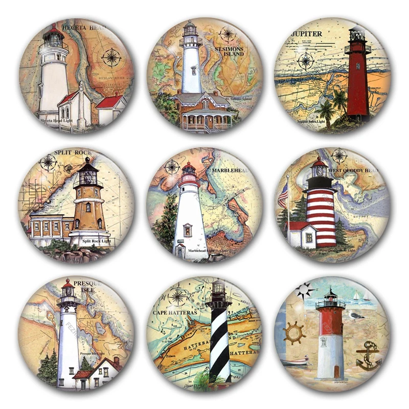 Lighthouse Home Sigh Ocean Anchor Rudder The Light Round Photo Glass Cabochon Demo Flat Back DIY Jewelry Making Findings