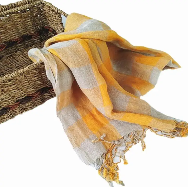 100% Linen Plaid Contrast Tassels Linen Men/Women Yellow Scarves Woman Spring Scarf Pashmina Shawls Wraps Head Scarf bandanas