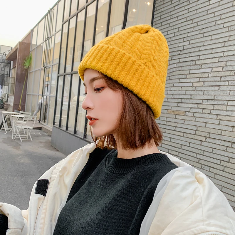 

H3565 Women Knitted Beanie Hat Female Warm Ear Protection Thickened Skullies Cap Japanese Korean Winter Simple Pure Color Hats
