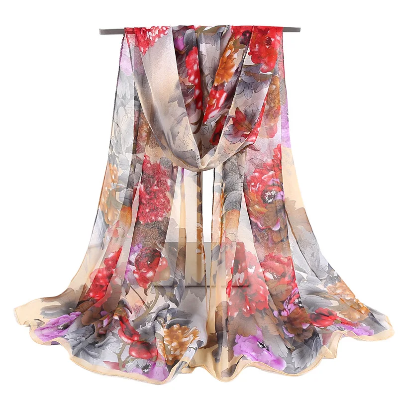 

Four Seasons Thin Soft Chiffon Women Peony Flower Printing Beach Silky Georgette Scarf Shawls Long Wraps Beach Sunscreen Hijab