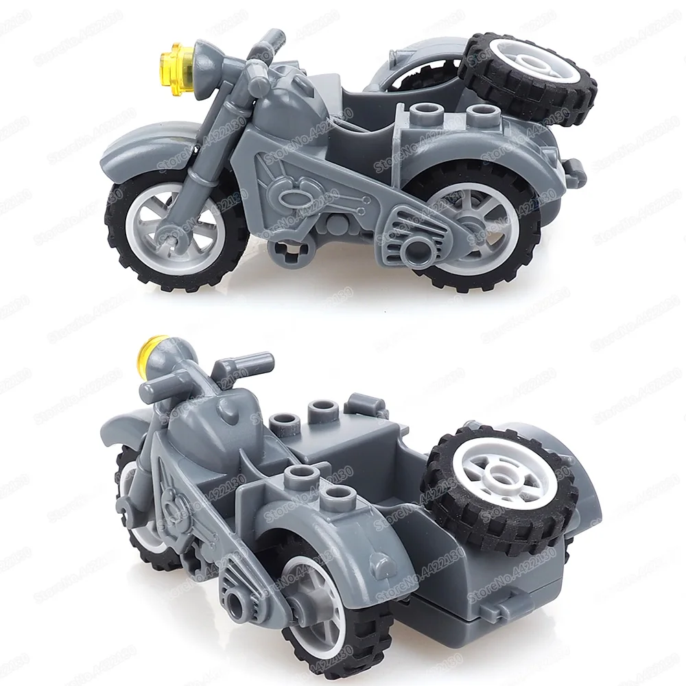 Bloques de construcción de motocicleta militar de tres ruedas, figuras Moc, armas de fuerza de la Segunda Guerra Mundial, modelo de movimiento, regalos de Navidad para niños, juguetes educativos