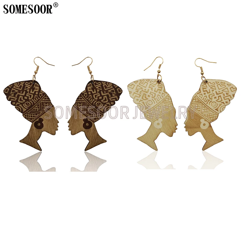 SOMESOOR Laser Engraved African Ethnic Women Nefertiti Queen Head Wrap Silhouette Wooden Drop Earrings For Women Gifts