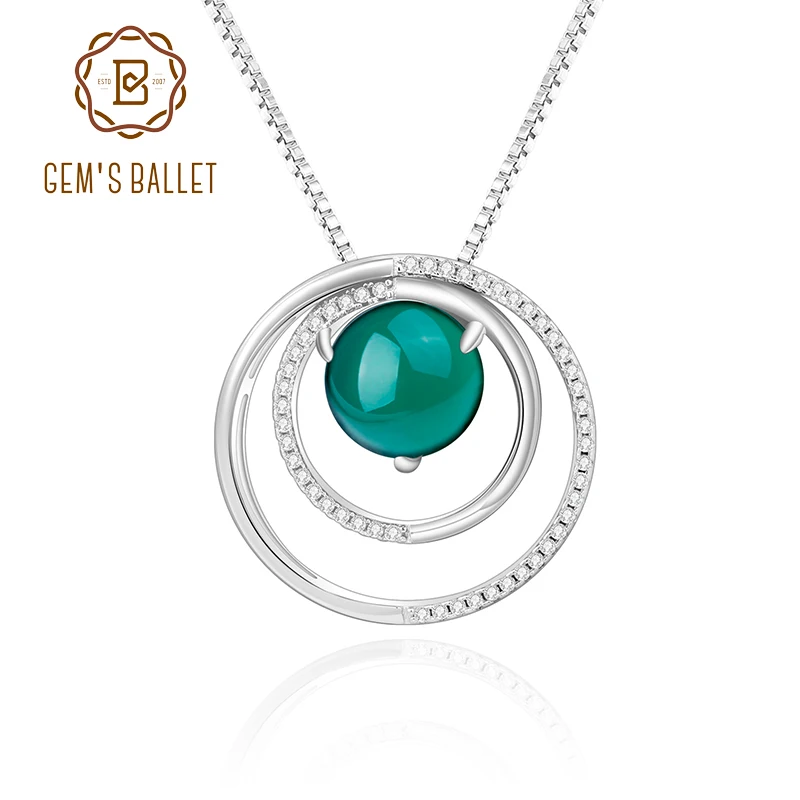 GEM'S BALLET 925 Sterling Silver Double Circle Pendant Shiny Paved Natural Green Agate Gemstone Pendant Necklace For Women