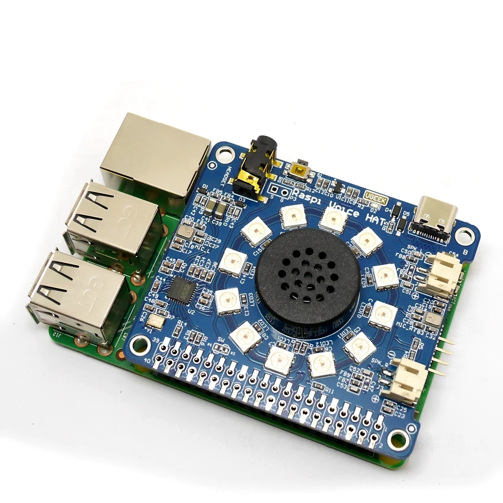 UGEEK Voce CAPPELLO per RaspberryPi 4B | Doppio Microfono AI Speaker per Pi 4 Modello B | WM8960 Amplificatore con RGB LED | FAI DA TE Il Tuo Robot