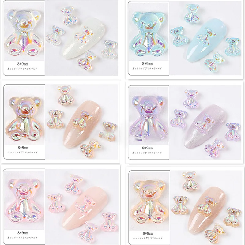 48pcs Mixed Size Aurora Little Bear Nail Art Accessories Resin Kawaii Bear Stereo FlatBack 3D Fashion Fingernail DIY Decoration