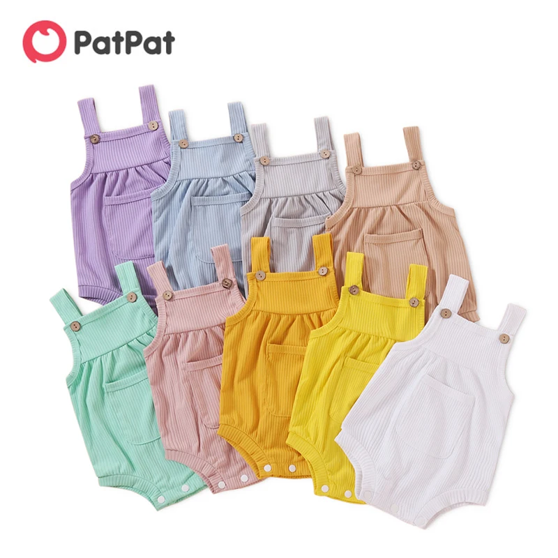 PatPat Baby Pretty Candy Color Solid Pocket Strappy Romper