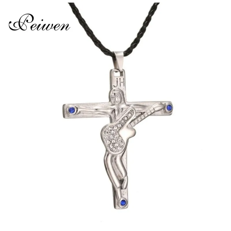 Stainless Steel Guitar Cross Pendant Black Leather Chain Necklace Inlaid Blue Stone Jewelry Johnny Hallyday Anniversary Gifts