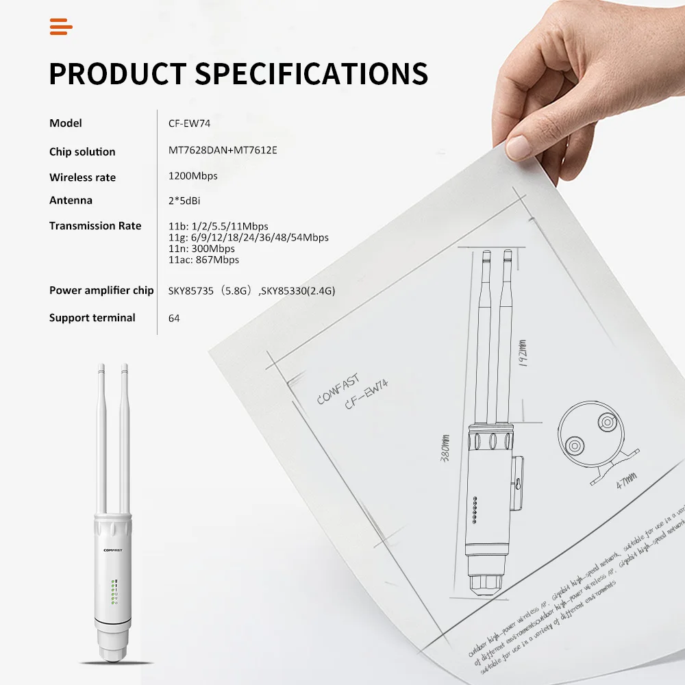 COMFAST Outdoor AP Gigabit Port EW72V2 High Power 1200Mbps Dual Band 2,4 ghz/5Ghz Router Antenne Wi-Fi Access Point Basisstation – Detail 31