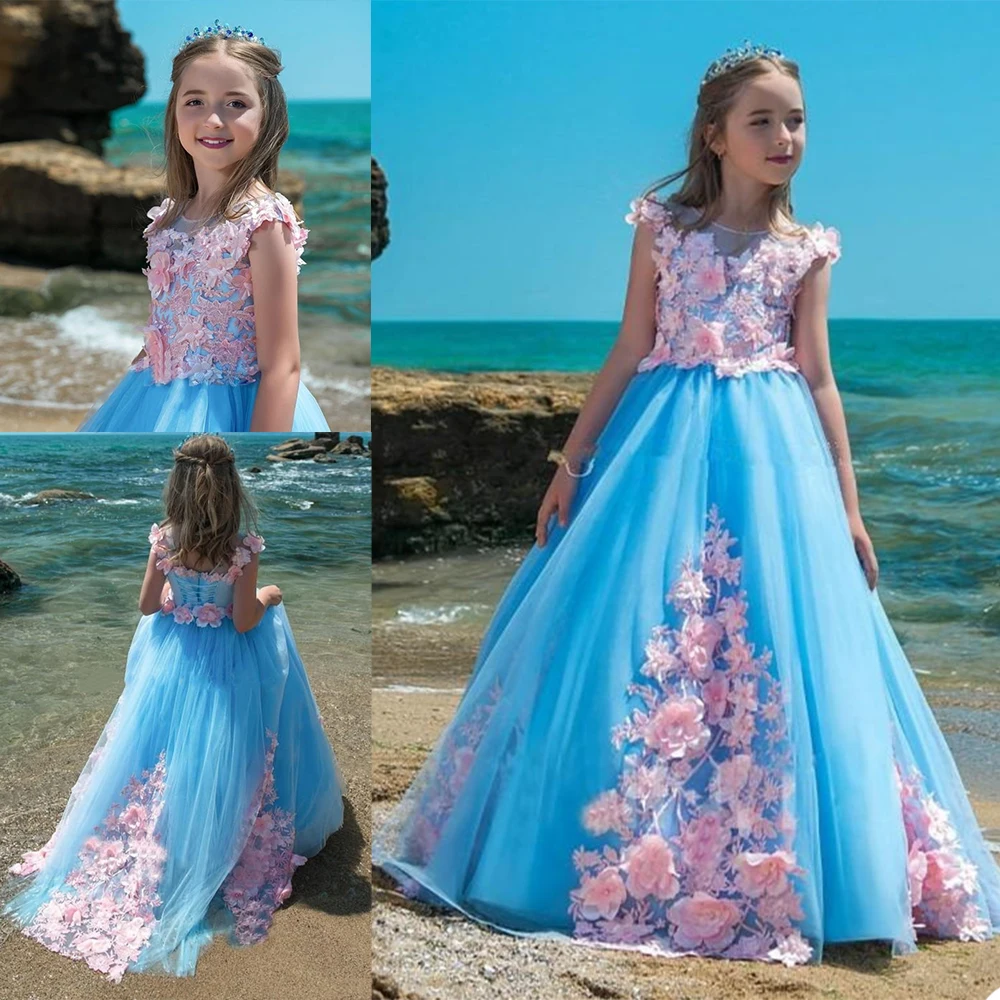 Lovely Flower Girls Dresses Jewel Lace Applique Beads Kids Formal Wear Custom Made Lace-up Back Birthday Toddler Pageant Gowns