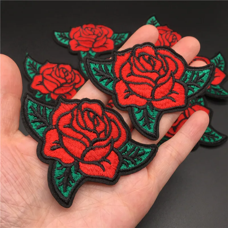 1PCS Rose Size: 6.1x6.0cm Iron on Patch for clothes Embroidery Badge Diy Sewing on Sticker Flower Applique Stripe for Clothing