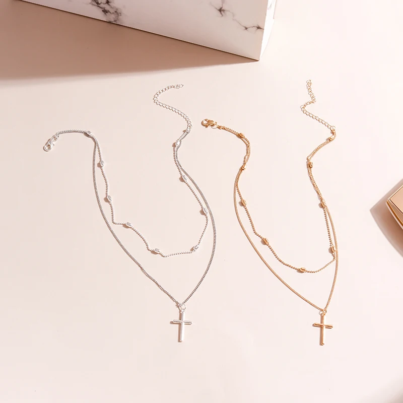 Romantic Cross Pendants Necklace for Women Gold Silver Color Multilayered Oval Beads Chain Necklace Minimalism Female Jewelry