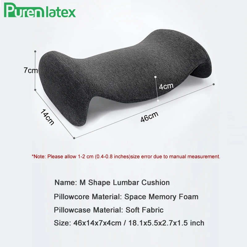 PurenLatex Lumbar Pillow for Sleeping Memory Foam Bed Back Support Cushion for Lower Back Pain Relief and Sleeping on Side Lying