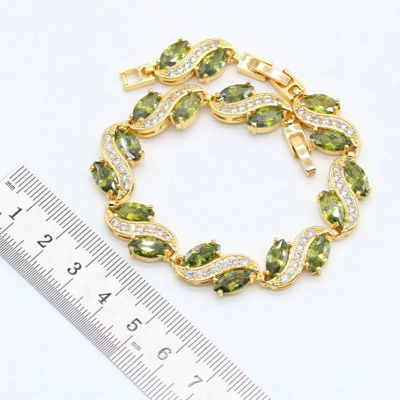 Luxury Green Peridot Gold Plated Jewelry Sets for Women Earrings Necklace Pendant Ring Bracelet  Birthday Gift