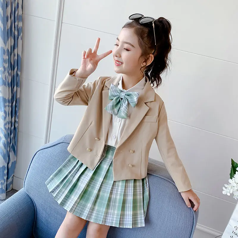 Children Girl Uniform Pleated Skirts Japanese School Uniform High Waist A-line Plaid Skirt Cute Jk Uniforms For Girls Full Set