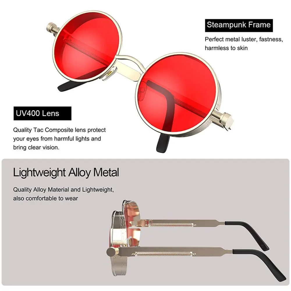 Kacamata hitam bulat bingkai logam, kacamata pelindung UV400 Gotik Steampunk, aksesori modis