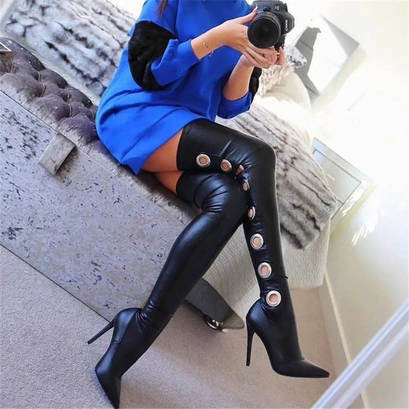 

New Black Leather Thigh High Heeled Boots Stretch Holes Pointed Toe Over The Knee Thin High Heels Party Shoes Women Spring Boots