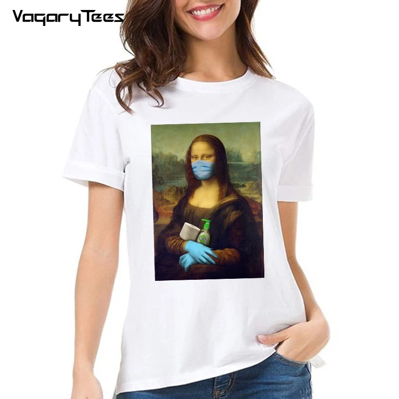 Summer T-Shirt women 2020 Mona Lisa Funny Monalisa Mask Tshirt O-neck Graphic T Shirt Short Sleeve Tees Printed Harajuku